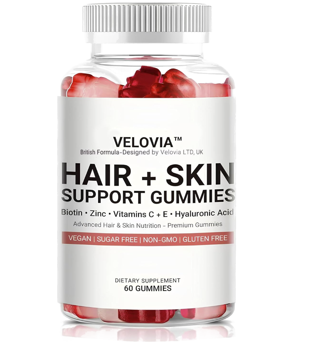 Velovia Hair + Skin Support Gummies bottle
